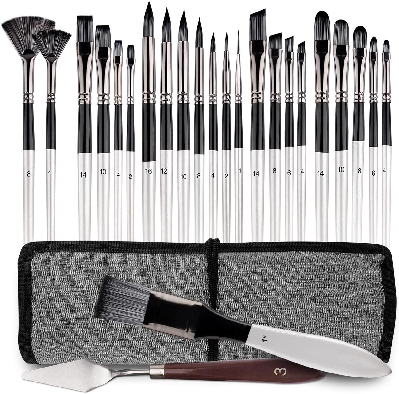 25pcs Paint Brush Set, Professional Paintbrushes Acrylic Paint Brushes Expert Series Nylon Brushes Kit with Palette Knife and Cloth Roll for Acrylic, Oil, Watercolor and Face Painting